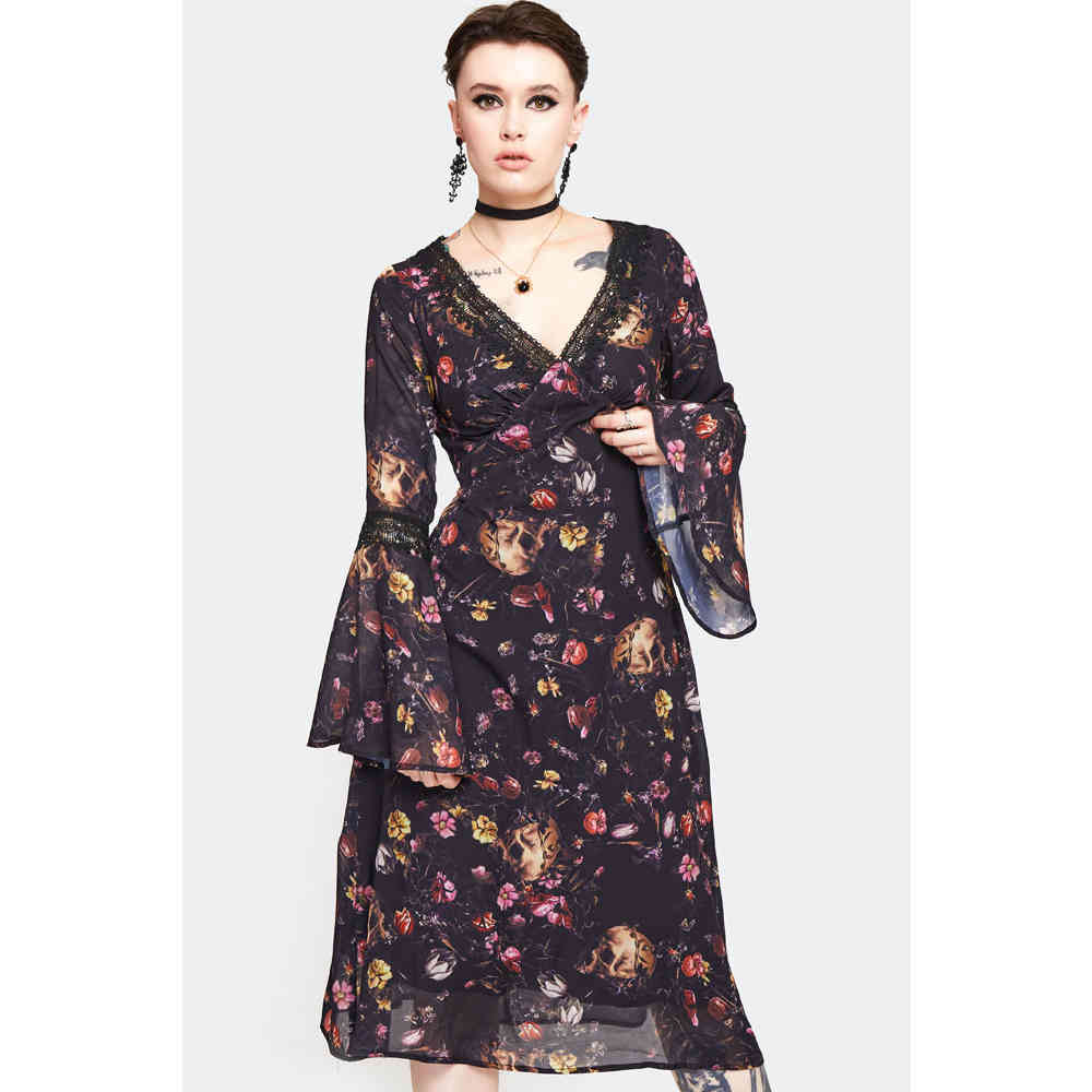 Jawbreaker - Garden Skull Print Midi Longue robe - Noir